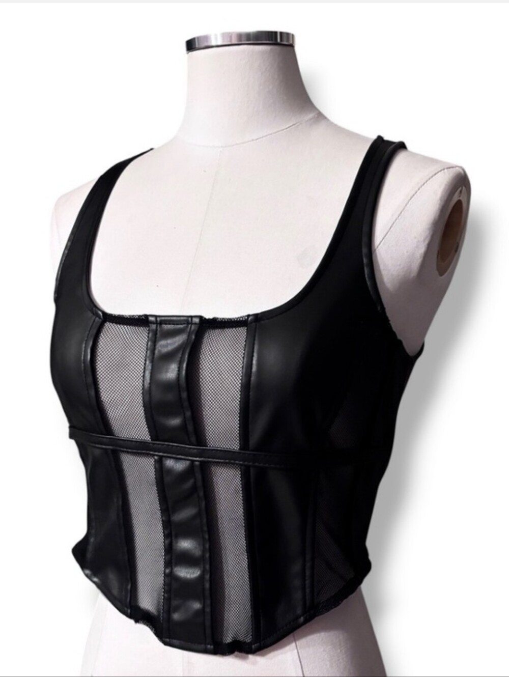 PRETTY LITTLE THING Black Faux Leather & Mesh Panel Bustier Corset Size 4